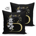 - Suet-K9688-Gorsel2 - Realhomes Siyah Zemin Beyaz Gül Motifli Gold B Harfi Özel Tasarım Modern Suet Yastık Kırlent Kılıfı Realhomes
