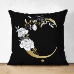 Siyah Zemin Beyaz Gül Motifli Gold Ç Harfi Özel Tasarım Modern Suet Yastık Kırlent Kılıfı Realhomes