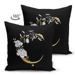 Siyah Zemin Beyaz Gül Motifli Gold Ç Harfi Özel Tasarım Modern Suet Yastık Kırlent Kılıfı Realhomes