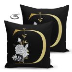- Suet-K9691-Gorsel2 - Realhomes Siyah Zemin Beyaz Gül Motifli Gold D Harfi Özel Tasarım Modern Suet Yastık Kırlent Kılıfı Realhomes