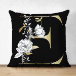 Siyah Zemin Beyaz Gül Motifli Gold E Harfi Özel Tasarım Modern Suet Yastık Kırlent Kılıfı Realhomes