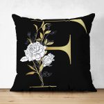 Siyah Zemin Beyaz Gül Motifli Gold F Harfi Özel Tasarım Modern Suet Yastık Kırlent Kılıfı Realhomes