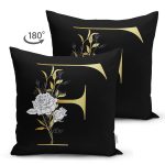 Siyah Zemin Beyaz Gül Motifli Gold F Harfi Özel Tasarım Modern Suet Yastık Kırlent Kılıfı Realhomes