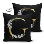 - Suet-K9694-Gorsel2 - Realhomes Siyah Zemin Beyaz Gül Motifli Gold G Harfi Özel Tasarım Modern Suet Yastık Kırlent Kılıfı Realhomes