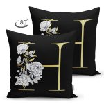 - Suet-K9695-Gorsel2 - Realhomes Siyah Zemin Beyaz Gül Motifli Gold H Harfi Özel Tasarım Modern Suet Yastık Kırlent Kılıfı Realhomes