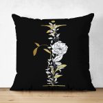 - Suet-K9696-Gorsel1 - Realhomes  Siyah Zemin Beyaz Gül Motifli Gold İ Harfi Özel Tasarım Modern Suet Yastık Kırlent Kılıfı Realhomes