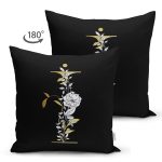 - Suet-K9696-Gorsel2 - Realhomes  Siyah Zemin Beyaz Gül Motifli Gold İ Harfi Özel Tasarım Modern Suet Yastık Kırlent Kılıfı Realhomes
