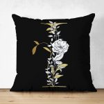 - Suet-K9697-Gorsel1 - Realhomes Siyah Zemin Beyaz Gül Motifli Gold I Harfi Özel Tasarım Modern Suet Yastık Kırlent Kılıfı Realhomes