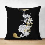 Siyah Zemin Beyaz Gül Motifli Gold J Harfi Özel Tasarım Modern Suet Yastık Kırlent Kılıfı Realhomes