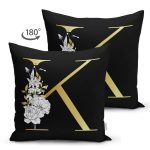 - Suet-K9699-Gorsel2 - Realhomes Siyah Zemin Beyaz Gül Motifli Gold K Harfi Özel Tasarım Modern Suet Yastık Kırlent Kılıfı Realhomes