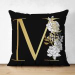 Siyah Zemin Beyaz Gül Motifli Gold M Harfi Özel Tasarım Modern Suet Yastık Kırlent Kılıfı Realhomes