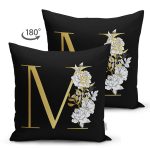 Siyah Zemin Beyaz Gül Motifli Gold M Harfi Özel Tasarım Modern Suet Yastık Kırlent Kılıfı Realhomes