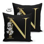 Siyah Zemin Beyaz Gül Motifli Gold N Harfi Özel Tasarım Modern Suet Yastık Kırlent Kılıfı Realhomes