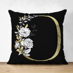 Siyah Zemin Beyaz Gül Motifli Gold O Harfi Özel Tasarım Modern Suet Yastık Kırlent Kılıfı Realhomes