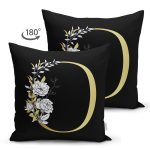 Siyah Zemin Beyaz Gül Motifli Gold O Harfi Özel Tasarım Modern Suet Yastık Kırlent Kılıfı Realhomes