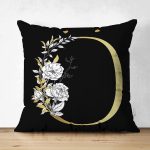 - Suet-K9704-Gorsel1 - Realhomes Siyah Zemin Beyaz Gül Motifli Gold Ö Harfi Özel Tasarım Modern Suet Yastık Kırlent Kılıfı Realhomes
