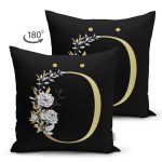 - Suet-K9704-Gorsel2 - Realhomes Siyah Zemin Beyaz Gül Motifli Gold Ö Harfi Özel Tasarım Modern Suet Yastık Kırlent Kılıfı Realhomes