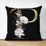 Siyah Zemin Beyaz Gül Motifli Gold P Harfi Özel Tasarım Modern Suet Yastık Kırlent Kılıfı Realhomes