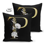 Siyah Zemin Beyaz Gül Motifli Gold P Harfi Özel Tasarım Modern Suet Yastık Kırlent Kılıfı Realhomes