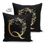 - Suet-K9706-Gorsel2 - Realhomes Siyah Zemin Beyaz Gül Motifli Gold Q Harfi Özel Tasarım Modern Suet Yastık Kırlent Kılıfı Realhomes