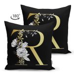 - Suet-K9707-Gorsel2 - Realhomes Siyah Zemin Beyaz Gül Motifli Gold R Harfi Özel Tasarım Modern Suet Yastık Kırlent Kılıfı Realhomes