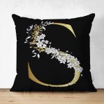 Siyah Zemin Beyaz Gül Motifli Gold S Harfi Özel Tasarım Modern Suet Yastık Kırlent Kılıfı Realhomes