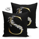 Siyah Zemin Beyaz Gül Motifli Gold S Harfi Özel Tasarım Modern Suet Yastık Kırlent Kılıfı Realhomes