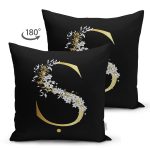 - Suet-K9709-Gorsel2 - Realhomes Siyah Zemin Beyaz Gül Motifli Gold Ş Harfi Özel Tasarım Modern Suet Yastık Kırlent Kılıfı Realhomes