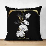 - Suet-K9710-Gorsel1 - Realhomes Siyah Zemin Beyaz Gül Motifli Gold T Harfi Özel Tasarım Modern Suet Yastık Kırlent Kılıfı Realhomes