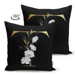 - Suet-K9710-Gorsel2 - Realhomes Siyah Zemin Beyaz Gül Motifli Gold T Harfi Özel Tasarım Modern Suet Yastık Kırlent Kılıfı Realhomes
