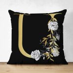 - Suet-K9711-Gorsel1 - Realhomes Siyah Zemin Beyaz Gül Motifli Gold U Harfi Özel Tasarım Modern Suet Yastık Kırlent Kılıfı Realhomes