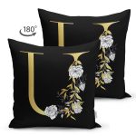 - Suet-K9711-Gorsel2 - Realhomes Siyah Zemin Beyaz Gül Motifli Gold U Harfi Özel Tasarım Modern Suet Yastık Kırlent Kılıfı Realhomes