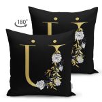 - Suet-K9712-Gorsel2 - Realhomes Siyah Zemin Beyaz Gül Motifli Gold Ü Harfi Özel Tasarım Modern Suet Yastık Kırlent Kılıfı Realhomes