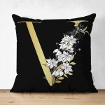 Siyah Zemin Beyaz Gül Motifli Gold V Harfi Özel Tasarım Modern Suet Yastık Kırlent Kılıfı Realhomes