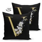 Siyah Zemin Beyaz Gül Motifli Gold V Harfi Özel Tasarım Modern Suet Yastık Kırlent Kılıfı Realhomes