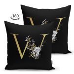 - Suet-K9714-Gorsel2 - Realhomes Siyah Zemin Beyaz Gül Motifli Gold W Harfi Özel Tasarım Modern Suet Yastık Kırlent Kılıfı Realhomes