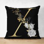 Siyah Zemin Beyaz Gül Motifli Gold X Harfi Özel Tasarım Modern Suet Yastık Kırlent Kılıfı Realhomes