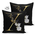 Siyah Zemin Beyaz Gül Motifli Gold X Harfi Özel Tasarım Modern Suet Yastık Kırlent Kılıfı Realhomes
