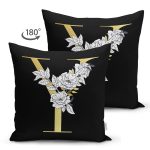 - Suet-K9716-Gorsel2 - Realhomes Siyah Zemin Beyaz Gül Motifli Gold Y Harfi Özel Tasarım Modern Suet Yastık Kırlent Kılıfı Realhomes