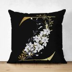 Siyah Zemin Beyaz Gül Motifli Gold Z Harfi Özel Tasarım Modern Suet Yastık Kırlent Kılıfı Realhomes