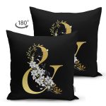 - Suet-K9718-Gorsel2 - Realhomes Siyah Zemin Beyaz Gül Motifli Gold & Harfi Özel Tasarım Modern Suet Yastık Kırlent Kılıfı Realhomes