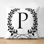Siyah Beyaz Çelenkli P Harfi Özel Tasarım Modern Suet Yastık Kırlent Kılıfı Realhomes