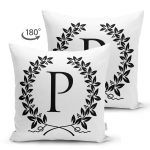 Siyah Beyaz Çelenkli P Harfi Özel Tasarım Modern Suet Yastık Kırlent Kılıfı Realhomes