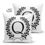 - Suet-K9738-Gorsel2 - Realhomes Siyah Beyaz Çelenkli Q Harfi Özel Tasarım Modern Suet Yastık Kırlent Kılıfı Realhomes