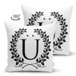 - Suet-K9744-Gorsel2 - Realhomes Siyah Beyaz Çelenkli Ü Harfi Özel Tasarım Modern Suet Yastık Kırlent Kılıfı Realhomes