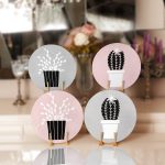 4'lü Gri & Pembe Zeminli Saksılı Kaktüs Tasarımlı Servis Altlığı & Supla Realhomes