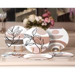 - Supla6li-Set186-Gorsel2 - Realhomes 6'lı Beyaz Zemin Üzerinde Onedraw Çizimli Yaprak Motifli Servis Altlığı & Supla Realhomes