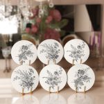 6'lı Krem Zeminli Karakalem Çiçek Demeti Tasarımlı Servis Altlığı & Supla Realhomes