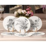 6'lı Krem Zeminli Karakalem Çiçek Demeti Tasarımlı Servis Altlığı & Supla Realhomes