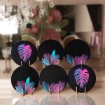 - Supla6li-Set75-Gorsel1 - Realhomes 6'lı Siyah Zemin Neon Tropik Yaprak Tasarımlı Servis Altlığı & Supla Realhomes